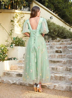 Designer Flowers V-neck A-line Prom Dresses With Sleeves Ankle Length Dress by misshow.com