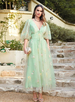 Designer Flowers V-neck A-line Prom Dresses With Sleeves Ankle Length Dress by misshow.com