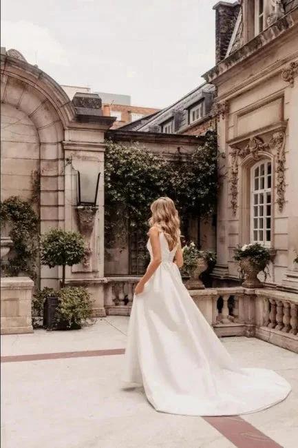 Designer Long A-Line V-neck Simple Satin Sleeveless Wedding Dress With Slit by misshow.com