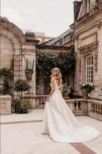 Designer Long A-Line V-neck Simple Satin Sleeveless Wedding Dress With Slit by misshow.com