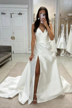 Designer Long A-Line V-neck Simple Satin Sleeveless Wedding Dress With Slit by misshow.com