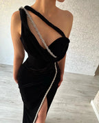 Designer Long Black Mermaid One Shoulder Sleeveless Prom Dress With Slit by misshow.com
