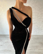 Designer Long Black Mermaid One Shoulder Sleeveless Prom Dress With Slit by misshow.com