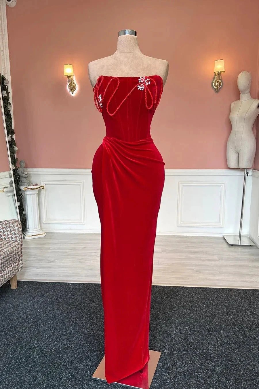 Designer Long Column Red Strapless Velvet Jewels Prom Dress by misshow.com