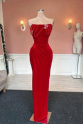 Designer Long Column Red Strapless Velvet Jewels Prom Dress by misshow.com