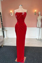 Designer Long Column Red Strapless Velvet Jewels Prom Dress by misshow.com