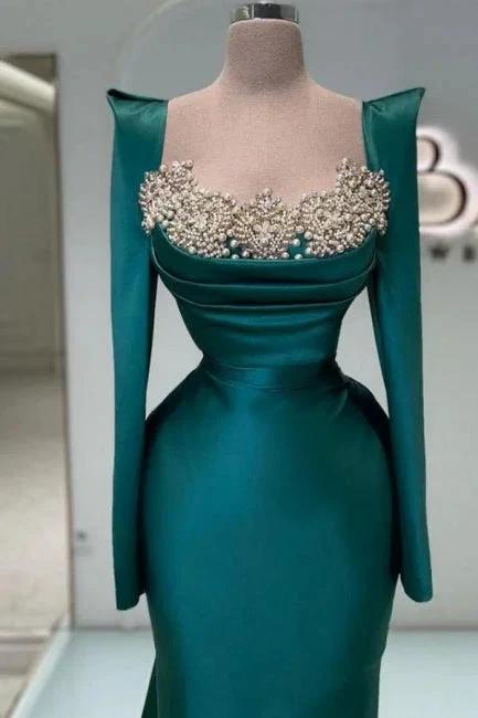 Designer Long Dark Green Beading Pearls Mermaid Prom Dresses with Long Sleeves by misshow.com