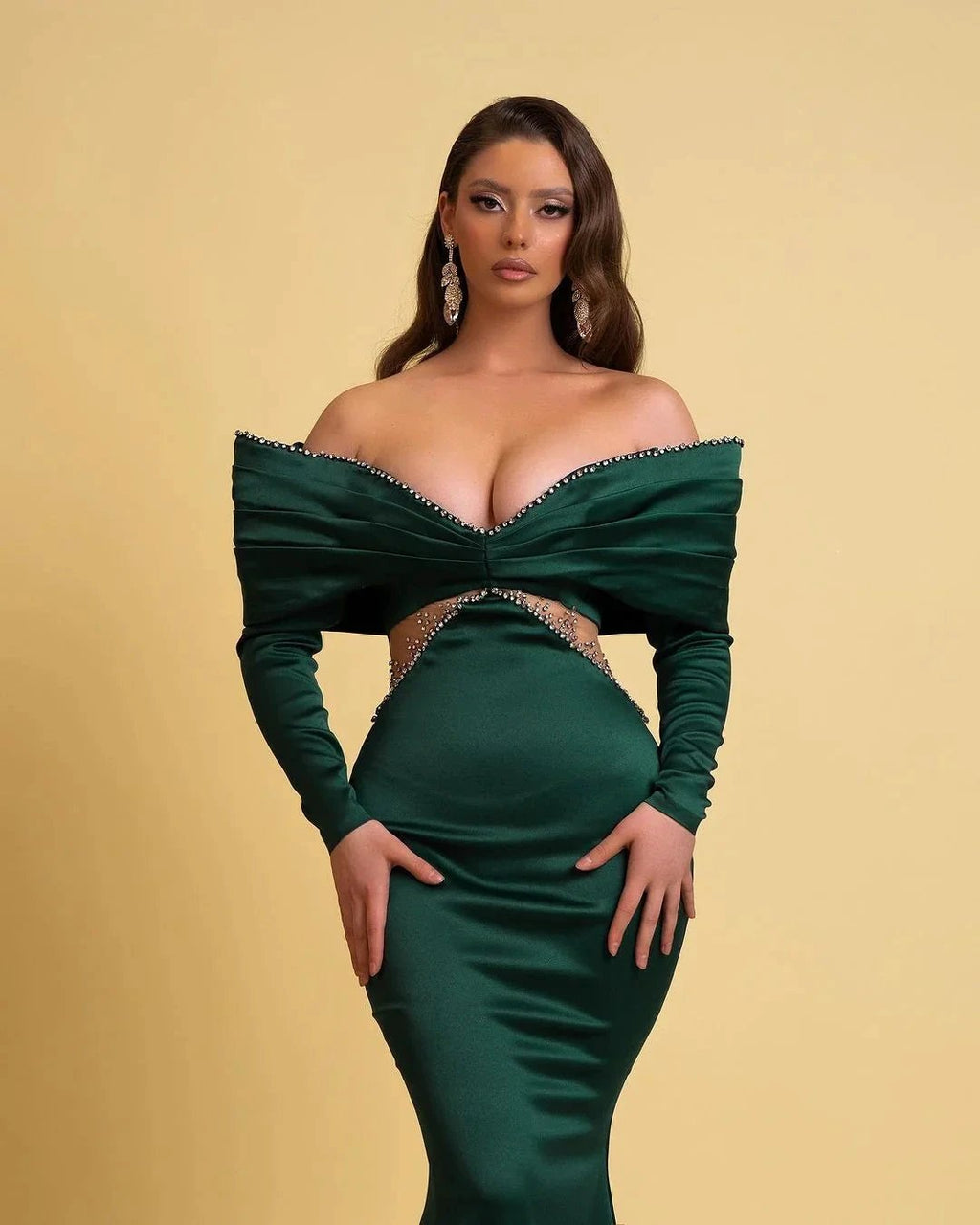 Designer Long Dark Green Mermaid Off-the-shoulder Rhinestones Prom Dress With Long Sleeves by misshow.com
