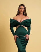 Designer Long Dark Green Mermaid Off-the-shoulder Rhinestones Prom Dress With Long Sleeves by misshow.com