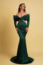 Designer Long Dark Green Mermaid Off-the-shoulder Rhinestones Prom Dress With Long Sleeves by misshow.com