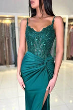 Designer Long Dark Green Mermaid Sleeveless Lace Prom Dress with Slit by misshow.com