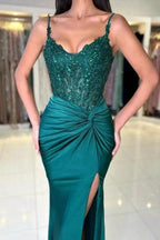 Designer Long Dark Green Mermaid Sleeveless Lace Prom Dress with Slit by misshow.com