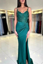 Designer Long Dark Green Mermaid Sleeveless Lace Prom Dress with Slit by misshow.com