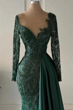 Designer Long Dark Green V-neck Lace Mermaid Prom Dresses with Long Sleeves by misshow.com