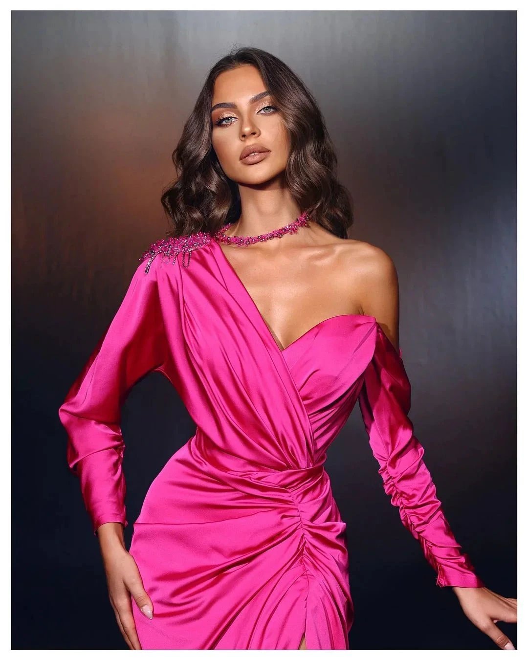 Designer Long Fuchsia One Shoulder Beading Long Sleeves Prom Dress With Slit by misshow.com