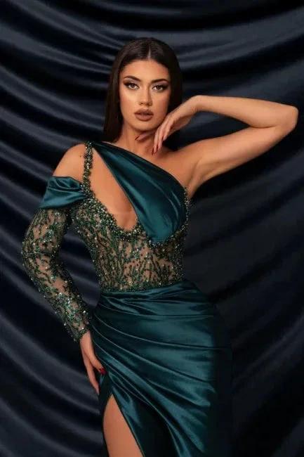 Designer Long Mermaid One Shoulder Long Sleeve Lace Prom Dress with Slit by misshow.com