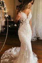 Designer Long Mermaid Spaghetti Straps V-neck Backless Wedding Dress by misshow.com