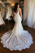 Designer Long Mermaid Spaghetti Straps Zippered Wedding Dresses Lace by misshow.com