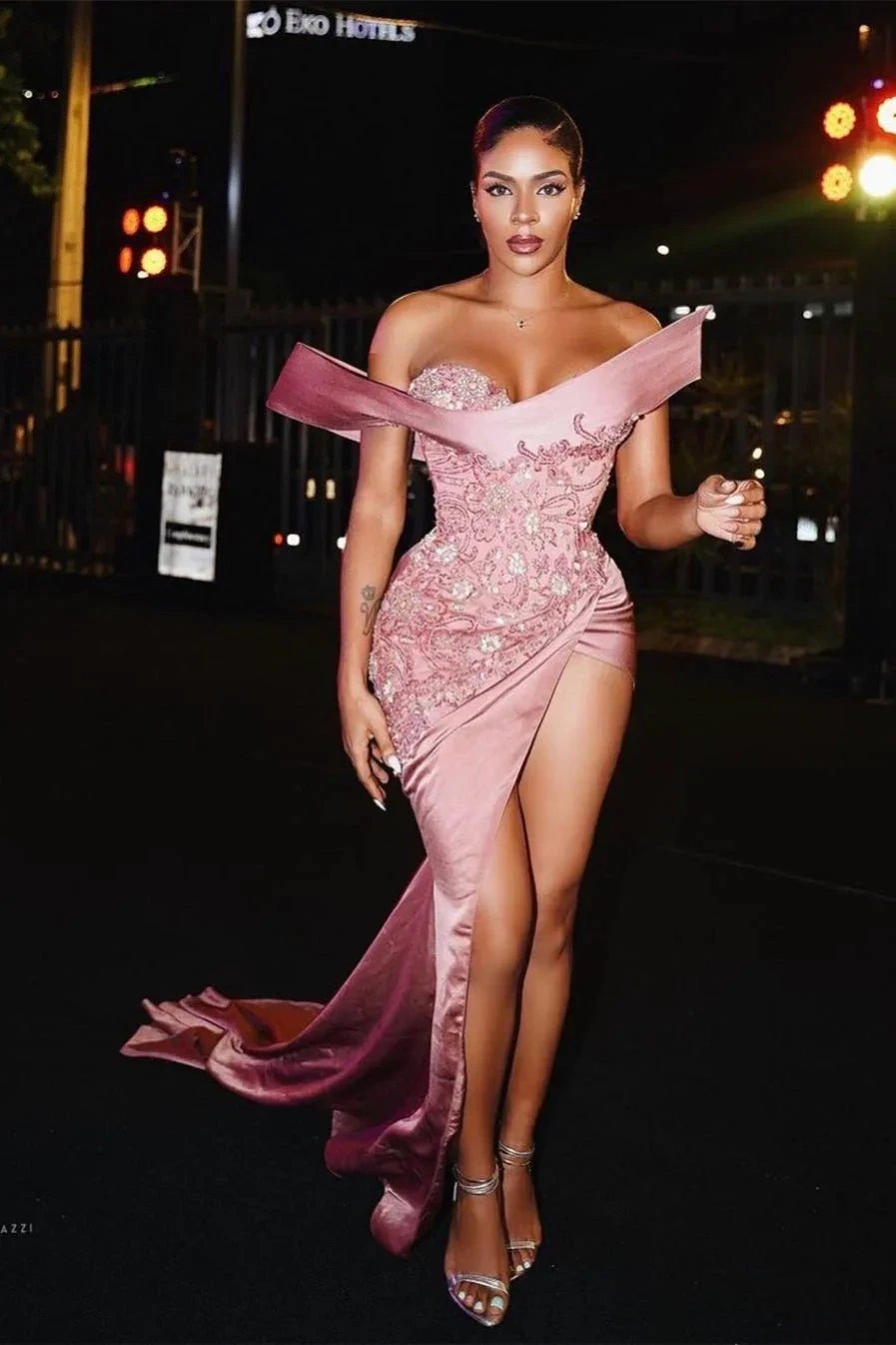 Designer Long Pink Mermaid Sexy Beading Sleeveless Prom Dress With Slit by misshow.com