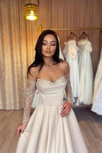 Designer Long Simple A-line Sweetheart Sequined Satin Prom Dresses With Sleeves by misshow.com