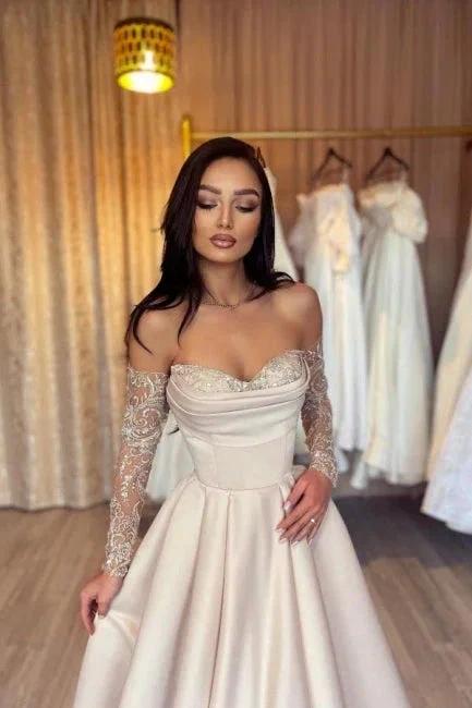 Designer Long Simple A-line Sweetheart Sequined Satin Prom Dresses With Sleeves by misshow.com
