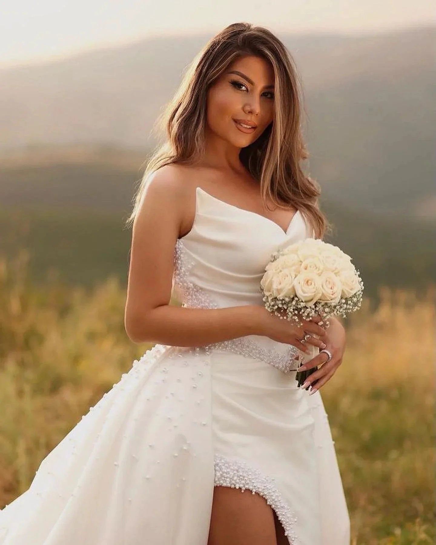 Designer Long White A-line Wedding Dress Hight Split Sleeveless V-neck Satin Bridal Gowns by misshow.com