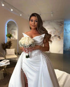 Designer Long White A-line Wedding Dress Hight Split Sleeveless V-neck Satin Bridal Gowns by misshow.com