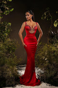 Designer Mermaid Satin Off-The-Shoulder Sleeveless Red Prom Dress With Rhinestone by misshow.com