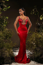 Designer Mermaid Satin Off-The-Shoulder Sleeveless Red Prom Dress With Rhinestone by misshow.com