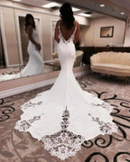 Designer Mermaid Spaghetti Straps Sleeveless Appliques Satin Lace Openback Train Wedding Dresses by misshow.com