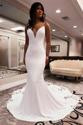Designer Mermaid Spaghetti Straps Sleeveless Appliques Satin Lace Openback Train Wedding Dresses by misshow.com