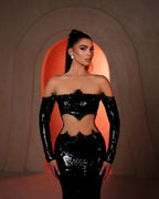 Designer Mermaid Strapless Long Sleeve Sequined Black Prom Dress by misshow.com
