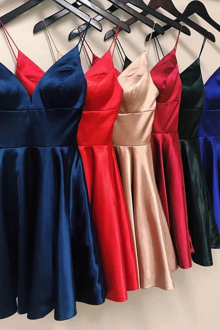 Designer Short A-line Spaghetti Straps Sleeveless Ruffles Satin Openback Homecoming Dresses by misshow.com