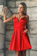 Designer Short A-line Spaghetti Straps Sleeveless Ruffles Satin Openback Homecoming Dresses by misshow.com