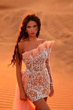 Designer Short Coral One Shoulder Long Sleeve Lace Prom Dress with Pearls by misshow.com