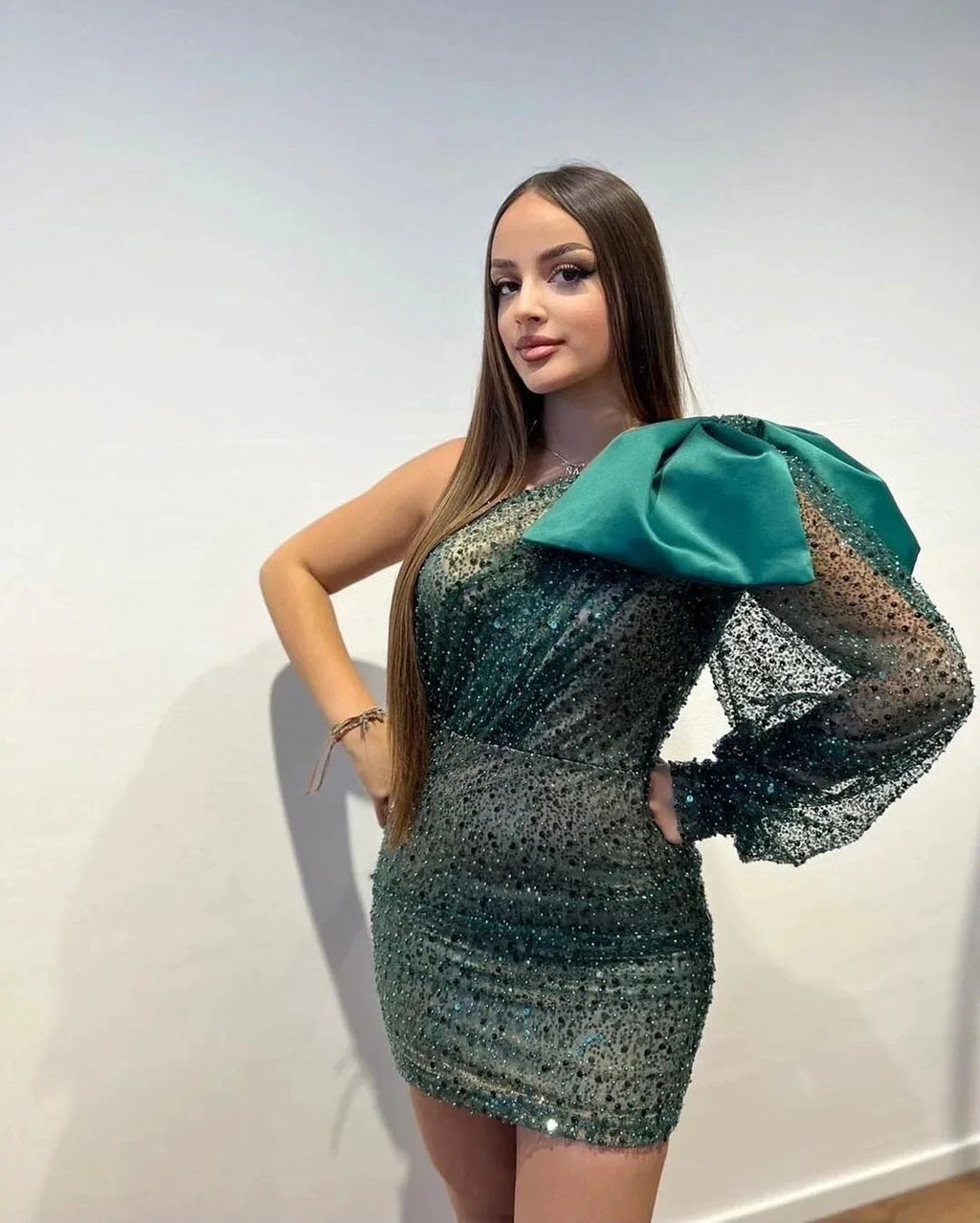 Designer Short One Shoulder Sequined Long Sleeve Tight Prom Dress by misshow.com