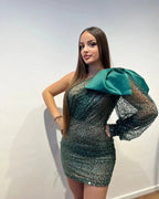 Designer Short One Shoulder Sequined Long Sleeve Tight Prom Dress by misshow.com