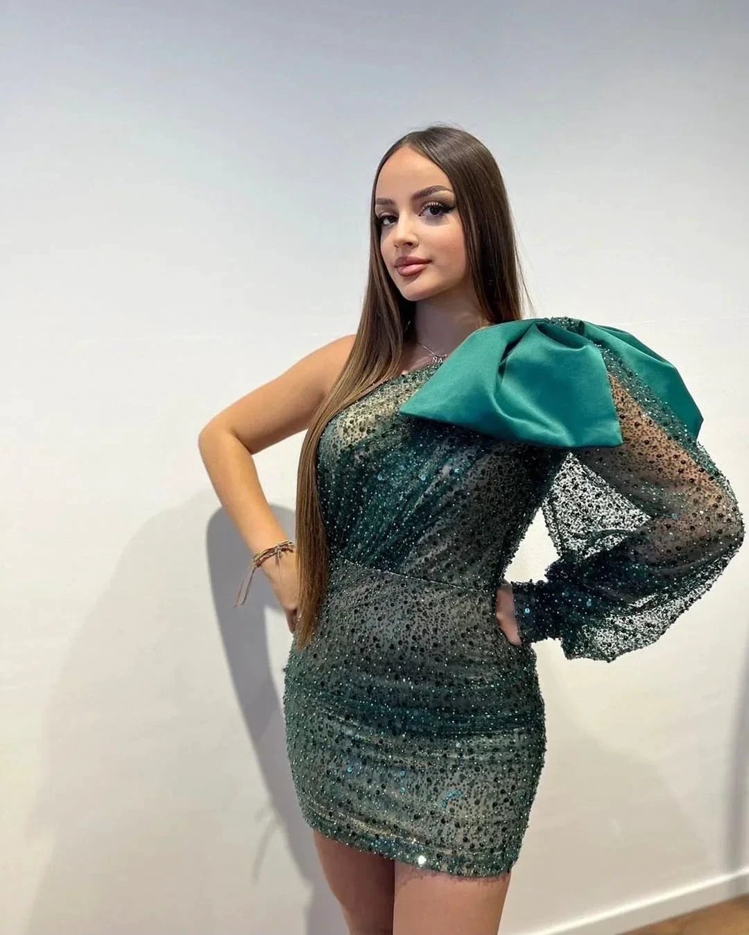 Designer Short One Shoulder Sequined Long Sleeve Tight Prom Dress by misshow.com