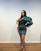 Designer Short One Shoulder Sequined Long Sleeve Tight Prom Dress by misshow.com