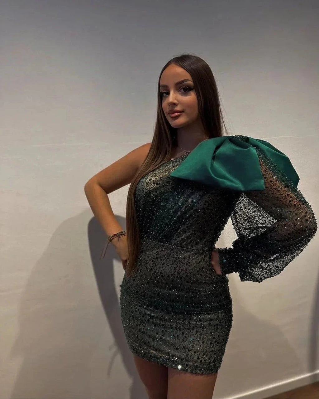 Designer Short One Shoulder Sequined Long Sleeve Tight Prom Dress by misshow.com