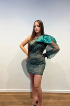 Designer Short One Shoulder Sequined Long Sleeve Tight Prom Dress by misshow.com