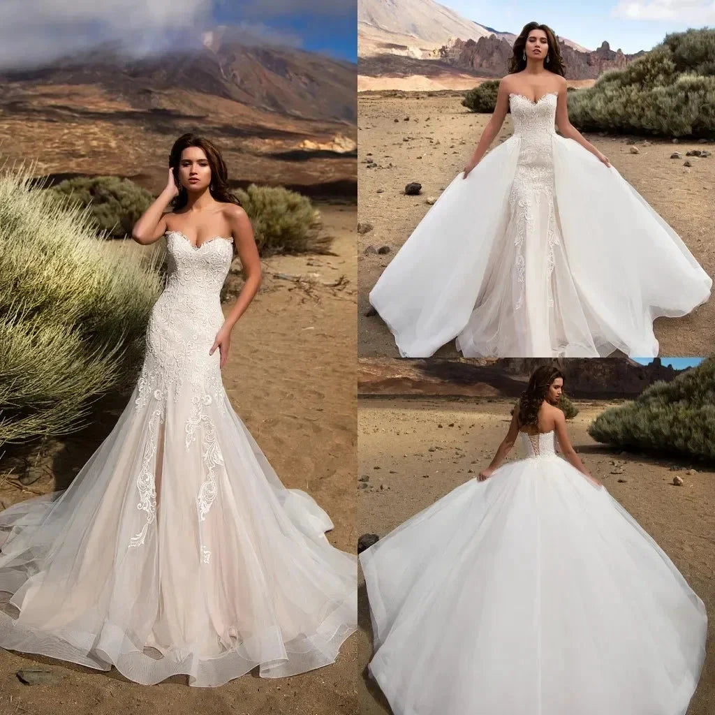 Detachable Train Mermaid Vestidos De Novia Appliques Vestido De Noiva Sweetheart Lace Up Wedding Dresses Lace Robe De Mariée by payinti