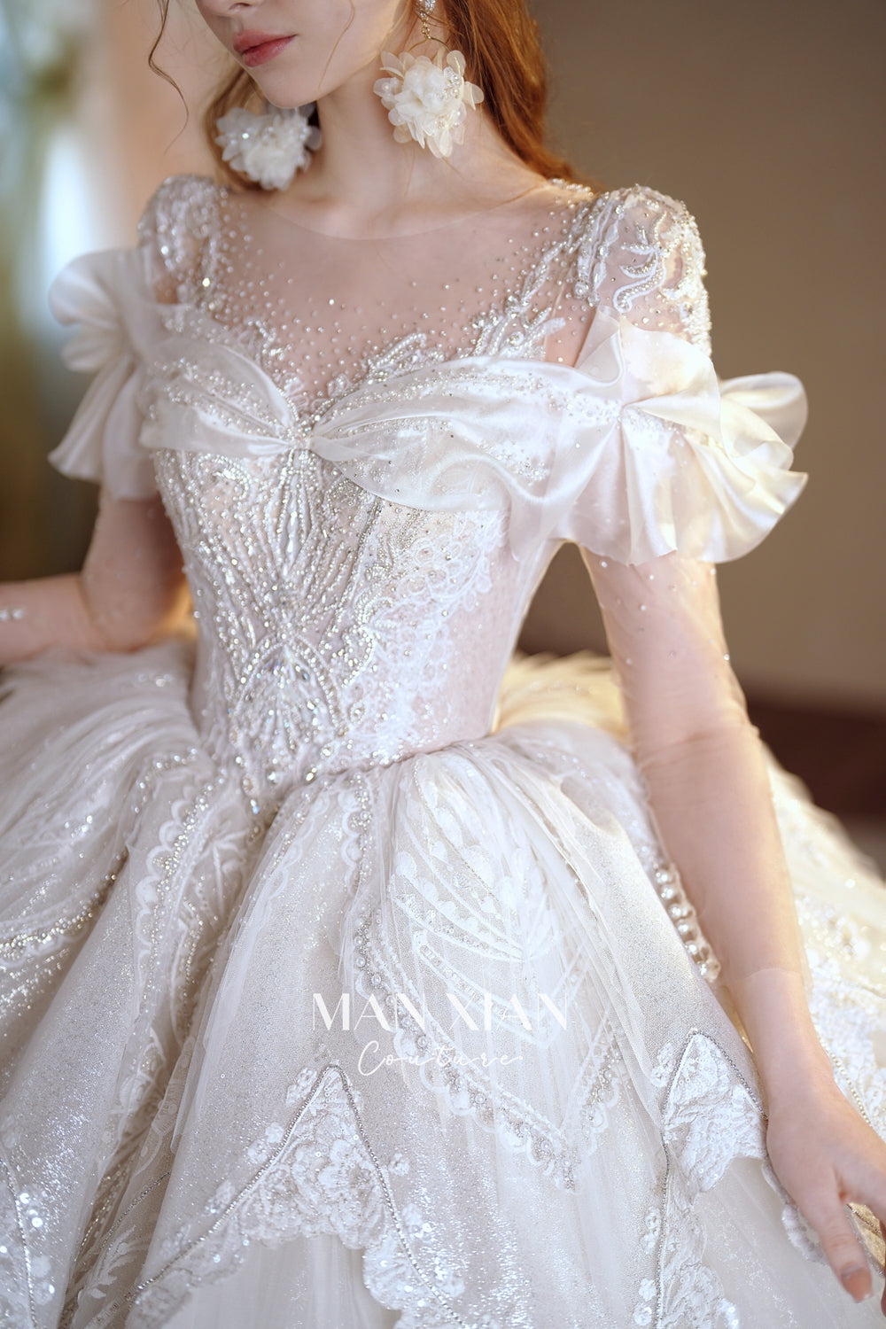 Luminous Ivory Sweetheart Glitter Tulle Ball Gown with Ruffled Sleeves, Pearl Embroidery & Lace Train M013