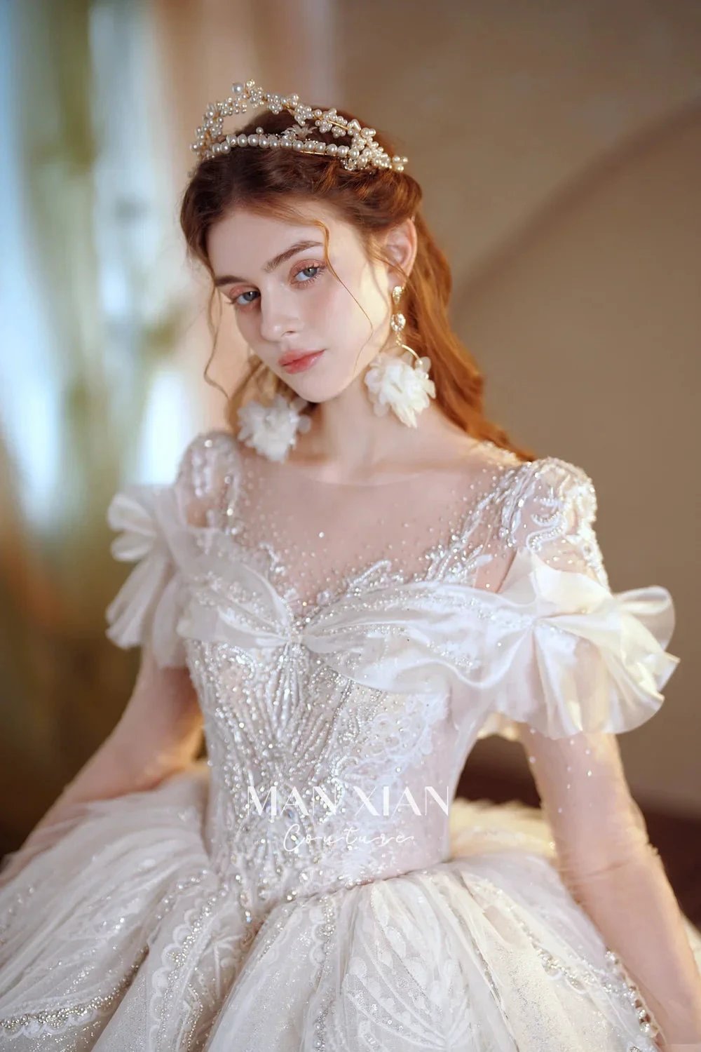 Luminous Ivory Sweetheart Glitter Tulle Ball Gown with Ruffled Sleeves, Pearl Embroidery & Lace Train M013 by ZAPDRESS