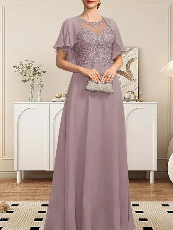 A-line Scoop Illusion Floor-Length Lace Chiffon Mother of the Bride Dress With Sequins by Dreamylily