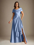 A-Line Scoop Floor-Length Stretch Satin Mother of the Bride Dress With Cascading Ruffles by Dreamylily