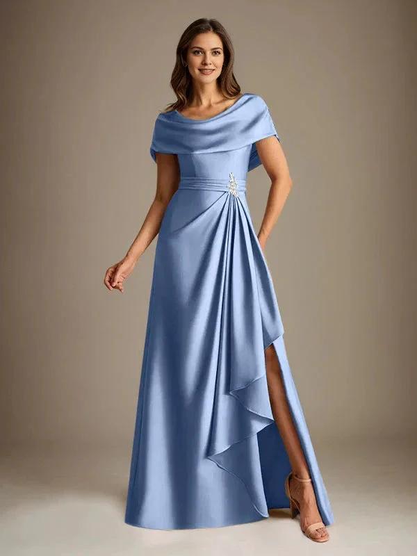 A-Line Scoop Floor-Length Stretch Satin Mother of the Bride Dress With Cascading Ruffles by Dreamylily