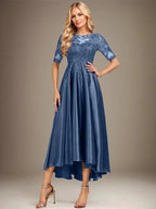A-line Scoop Illusion Asymmetrical Stretch Satin Lace Mother of the Bride Dress With Sequins by Dreamylily