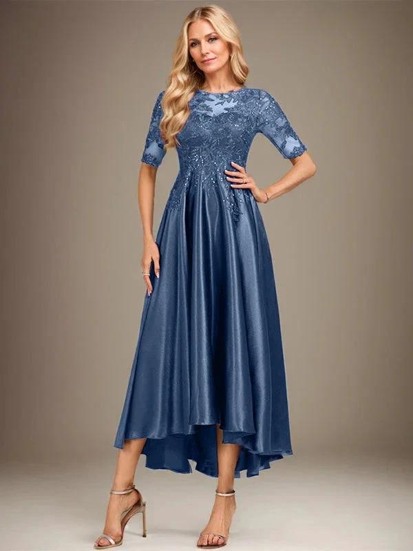 A-line Scoop Illusion Asymmetrical Stretch Satin Lace Mother of the Bride Dress With Sequins by Dreamylily