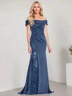 A-Line Off the Shoulder Floor-Length Mother of the Bride Dress Applique Beadings Mermaid Dress With High Split by Dreamylily